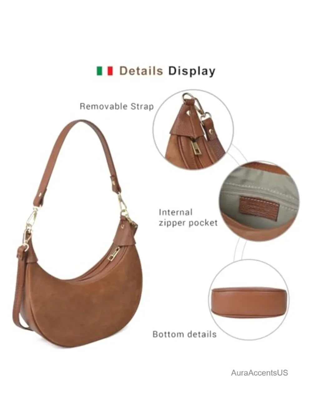 100% Genuine Leather Crescent Hobo Bag Convertible Crossbody Purse
